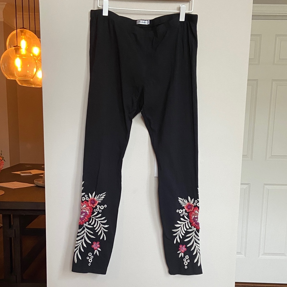 Johnny Was Black Leggings with Red Floral Embroidery